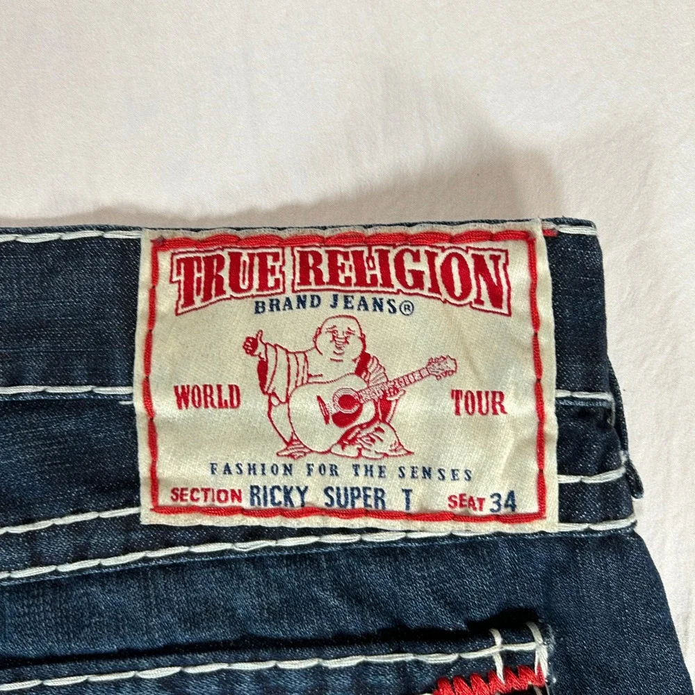 True Religion Ricky Super T Mens 40 Dark Wash Contrast Stitch Straight Jeans USA